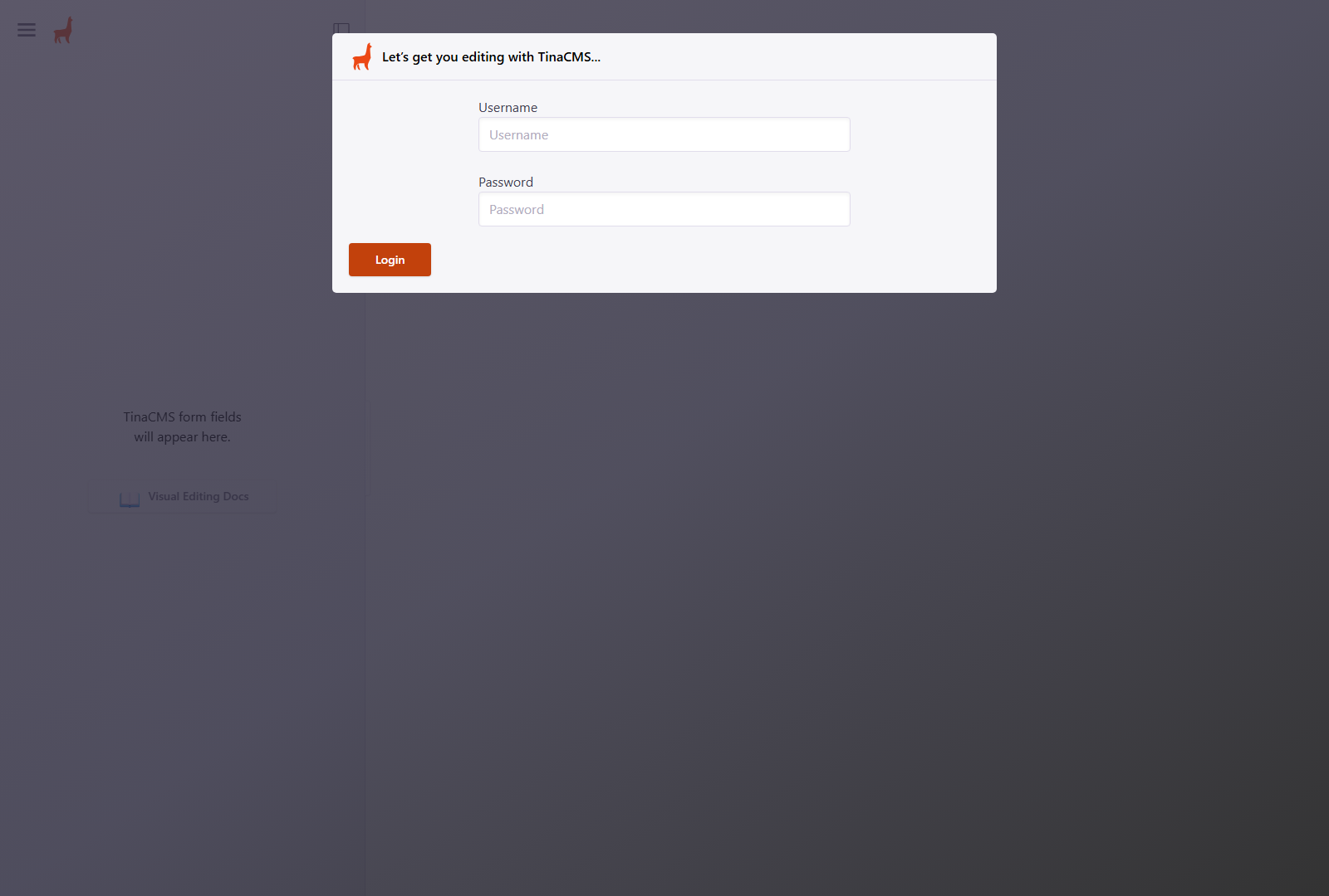 TinaCMS login screen showing username and password fields