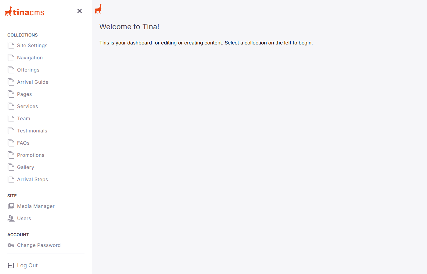 TinaCMS dashboard with navigation sidebar showing all collections