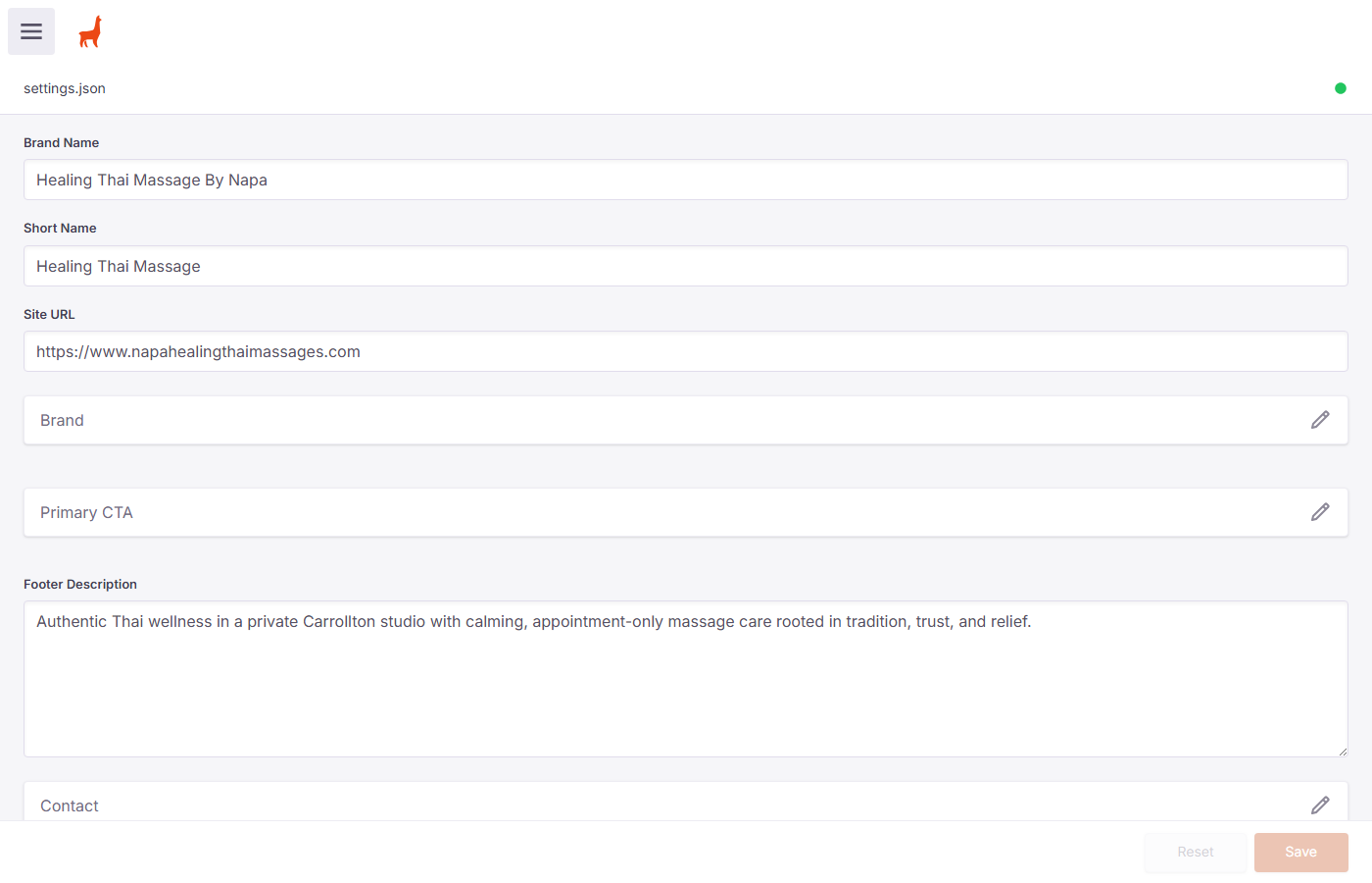 Site Settings form showing Brand Name, Short Name, Site URL, Footer Description fields