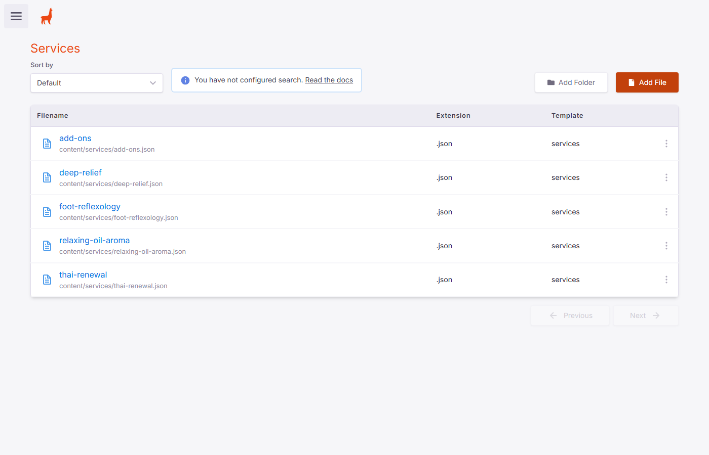 Services collection list showing all massage service files