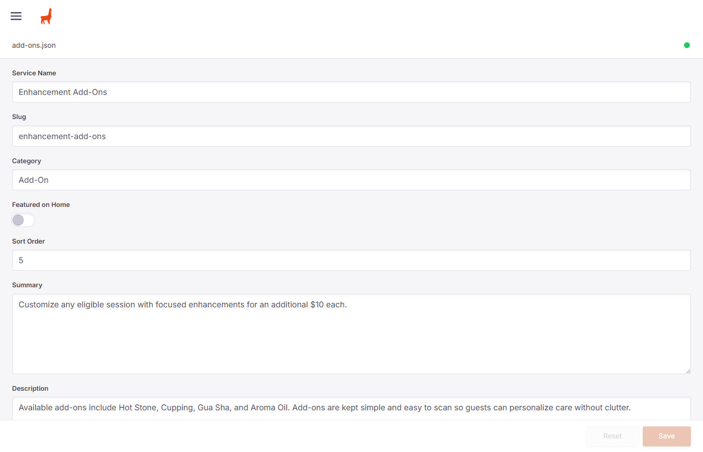 Service edit form showing Service Name, Slug, Category, Featured on Home toggle, Sort Order, Summary, and Description fields