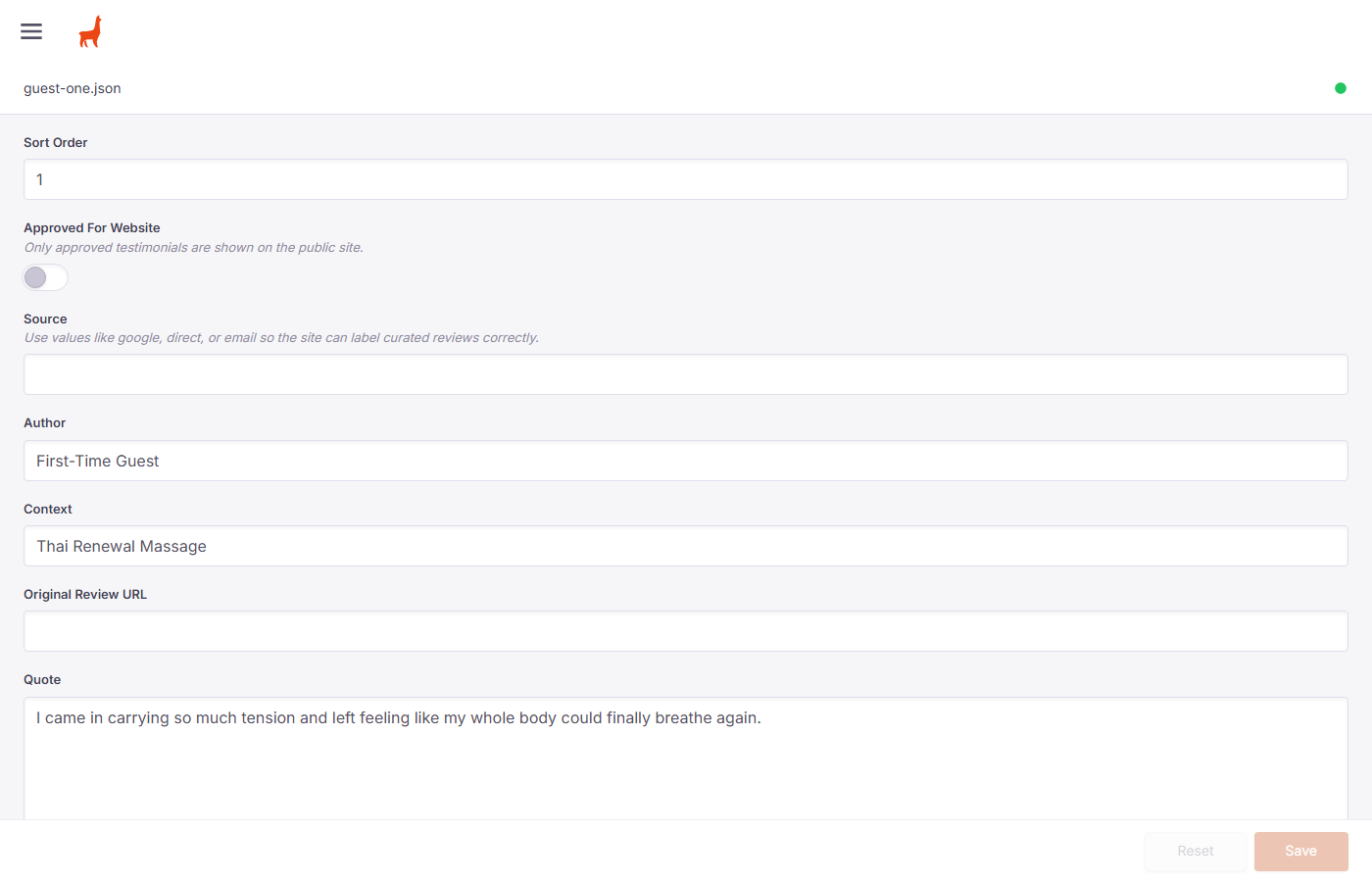 Testimonial edit form showing all fields: Sort Order, Approved For Website, Source, Author, Context, Original Review URL, Quote