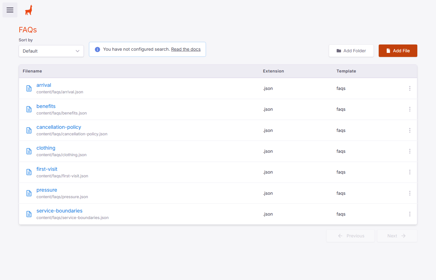 FAQs collection list showing all current FAQ files