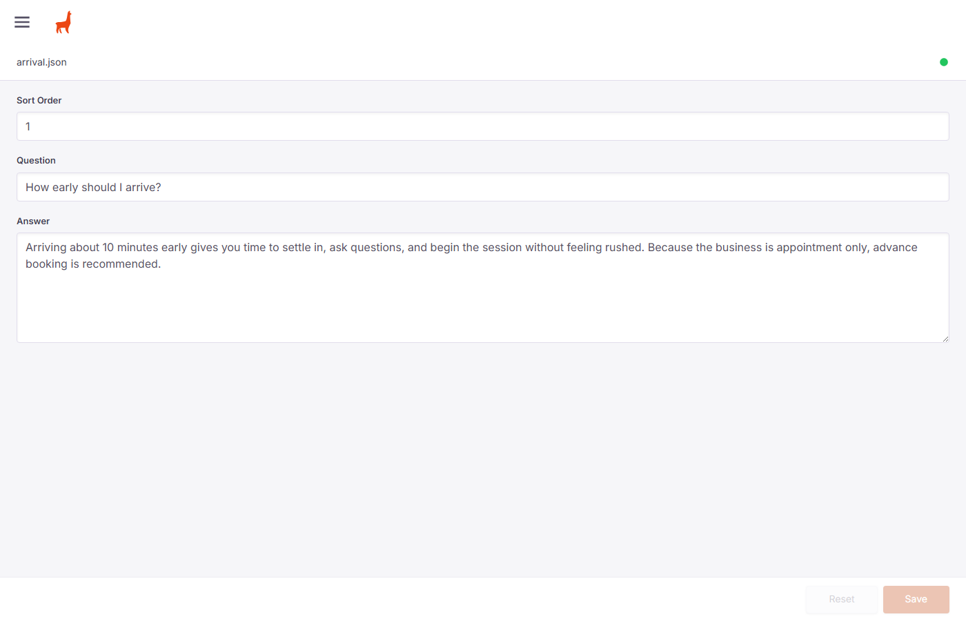 FAQ edit form showing Sort Order, Question, and Answer fields