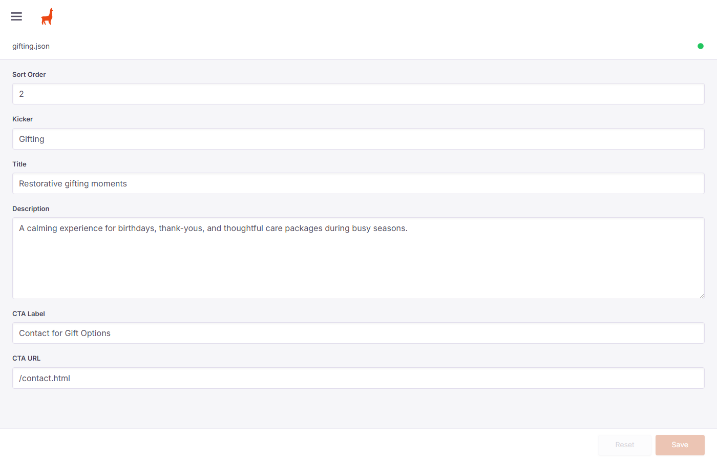 Promotions edit form showing Sort Order, Kicker, Title, Description, CTA Label, and CTA URL fields