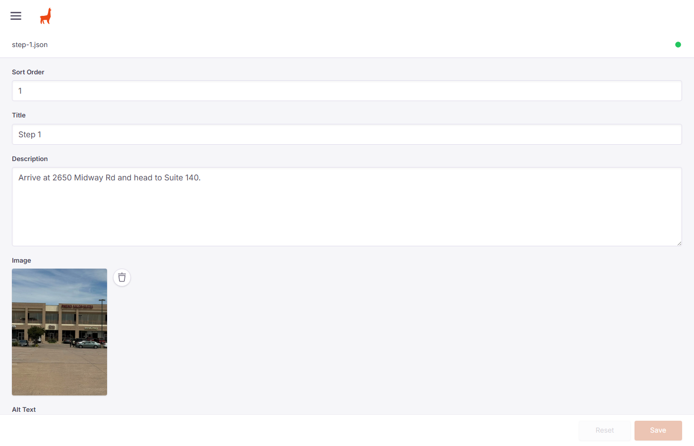 Arrival Step edit form showing Sort Order, Title, Description, Image, and Alt Text fields