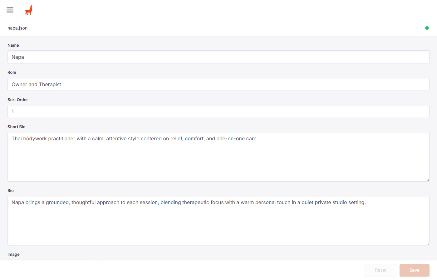 Team member edit form showing Name, Role, Sort Order, Short Bio, Bio, and Image fields